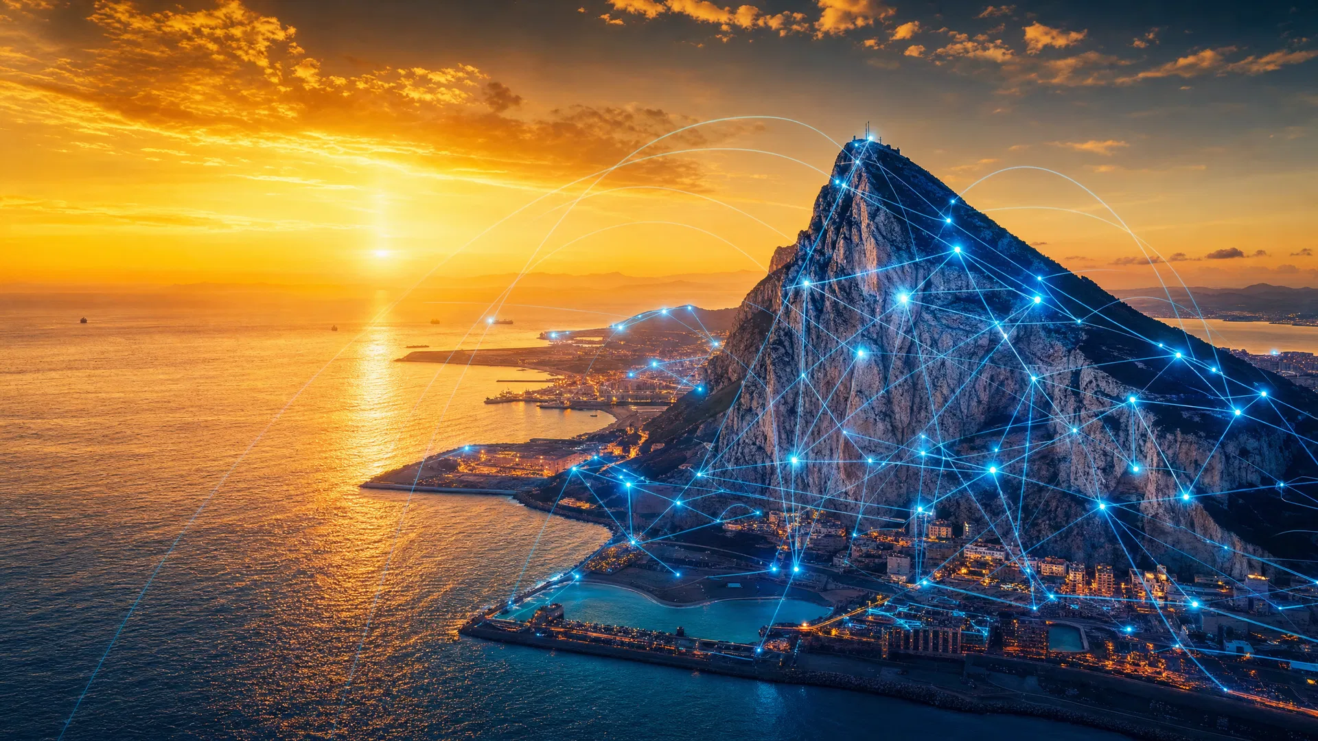 The Rock of Gibraltar at golden hour with vibrant digital network connections, representing technology innovation